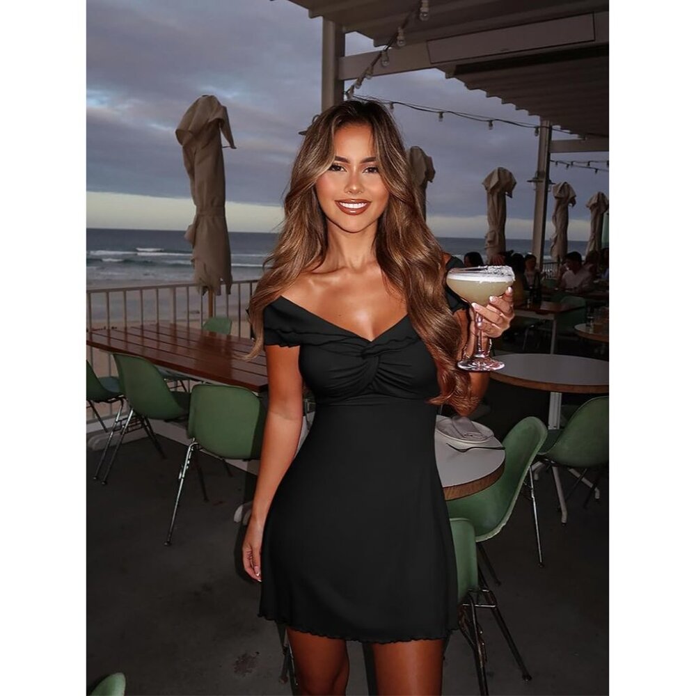 Women's Black Sexy Ruffle Sleeve V Neck Wrap Cocktail Bodycon Mini - Picture 3 of 5
